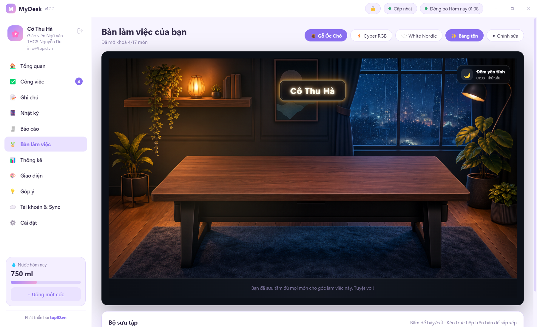 Bàn làm việc ảo trong MyDesk: căn phòng đêm ấm cúng, bảng tên cá nhân và bộ sưu tập trang trí